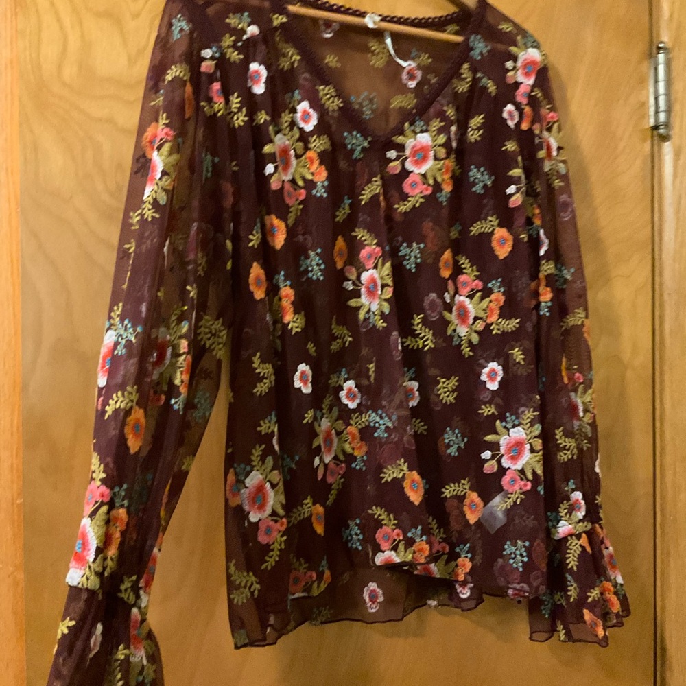 Anthropologie Floral Sheer Blouse - Brown and Multicolor Size Large